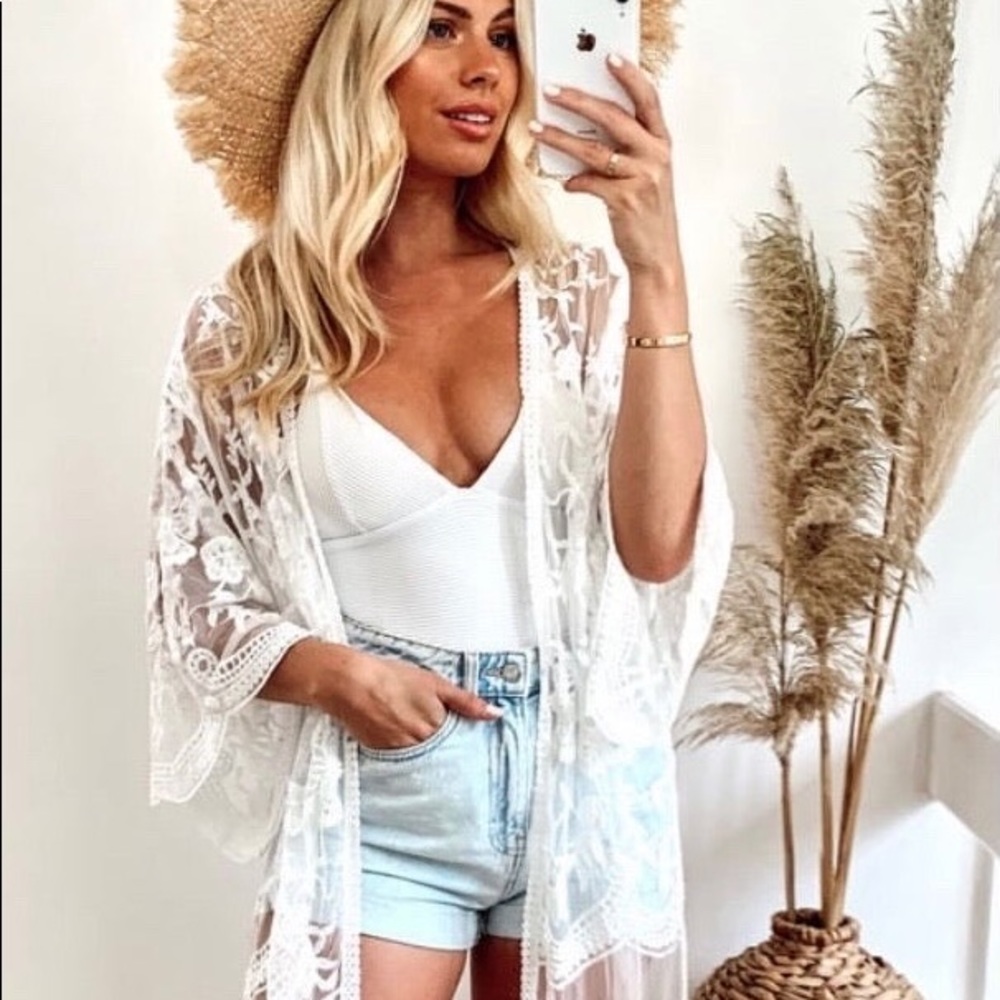White mesh lace boho kimono cardigan sweater
